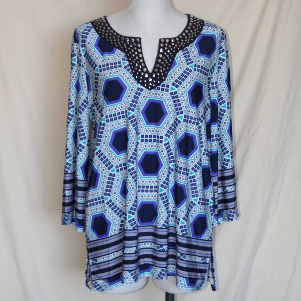 Ellen Tracy Geometric Studded Stretch Tunic Top